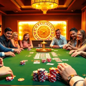 Players engaging in a thrilling poker game at FUN 79 casino, showcasing excitement and strategy.