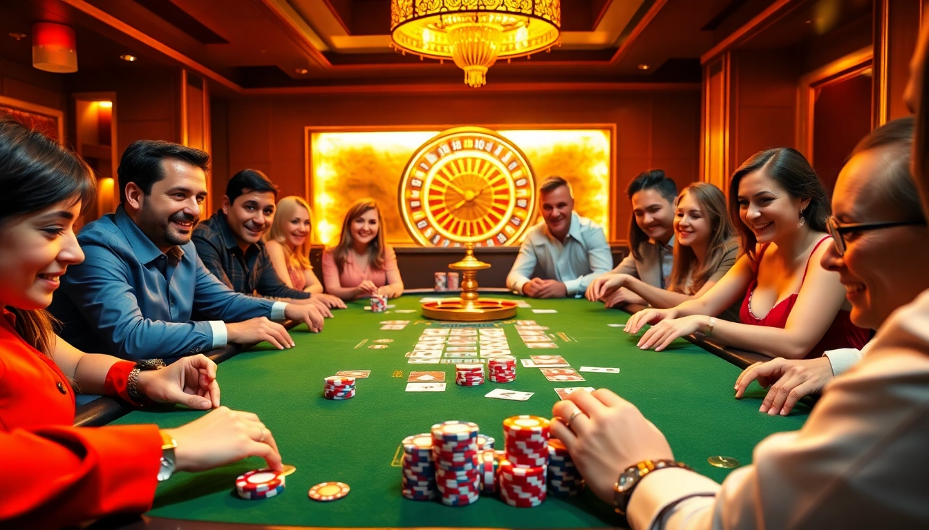 Players engaging in a thrilling poker game at FUN 79 casino, showcasing excitement and strategy.
