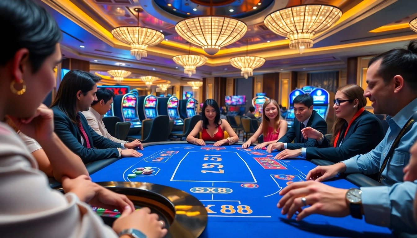 SX88-themed casino table featuring vibrant poker chips and roulette wheel, exuding luxury and excitement.