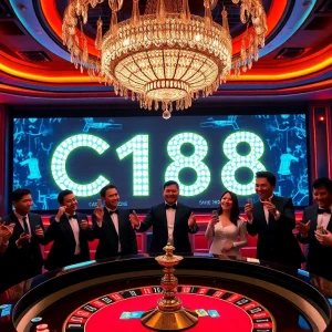 Excited players at a luxury casino roulette table featuring C168 on LED screen.