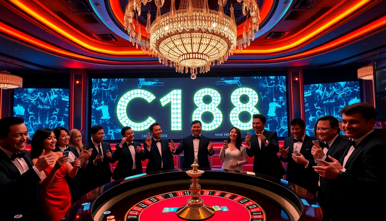 Excited players at a luxury casino roulette table featuring C168 on LED screen.