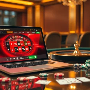 KUBET77 online gaming scene with roulette, poker chips, and cards for an immersive experience.