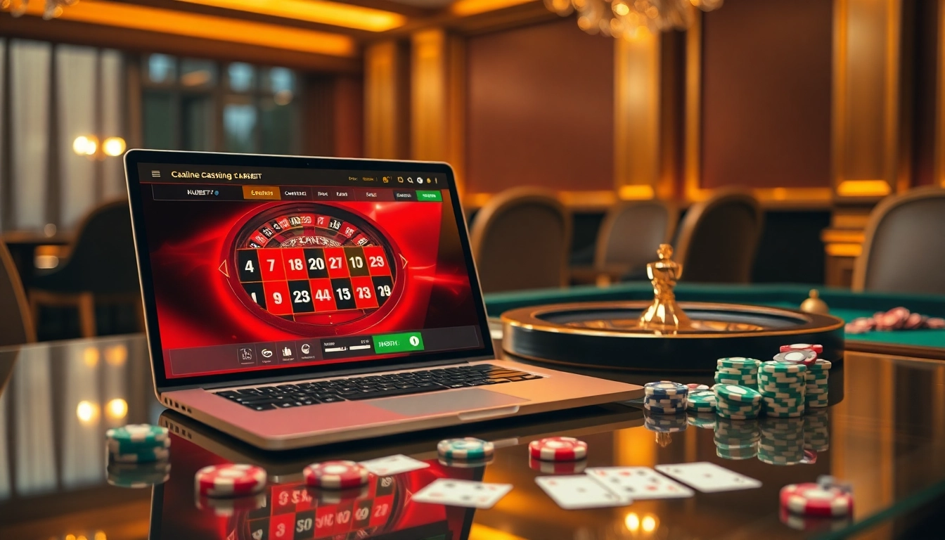 KUBET77 online gaming scene with roulette, poker chips, and cards for an immersive experience.