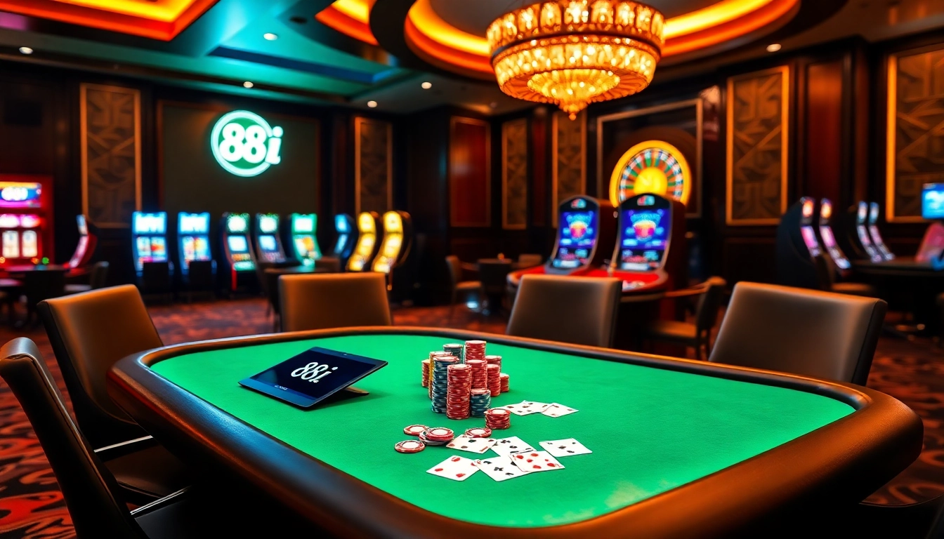 A glamorous casino table with poker chips and cards, highlighting 88i's gaming excitement.