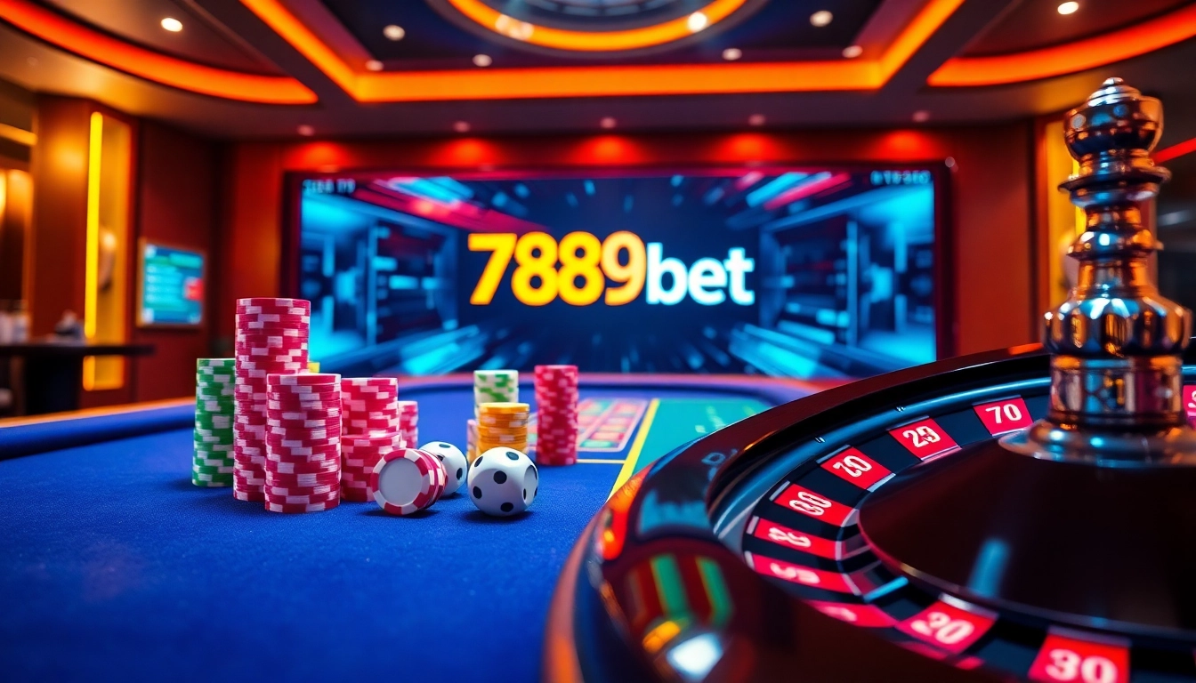Exciting gambling scene with 789bet branding, poker chips, and roulette wheel in action.