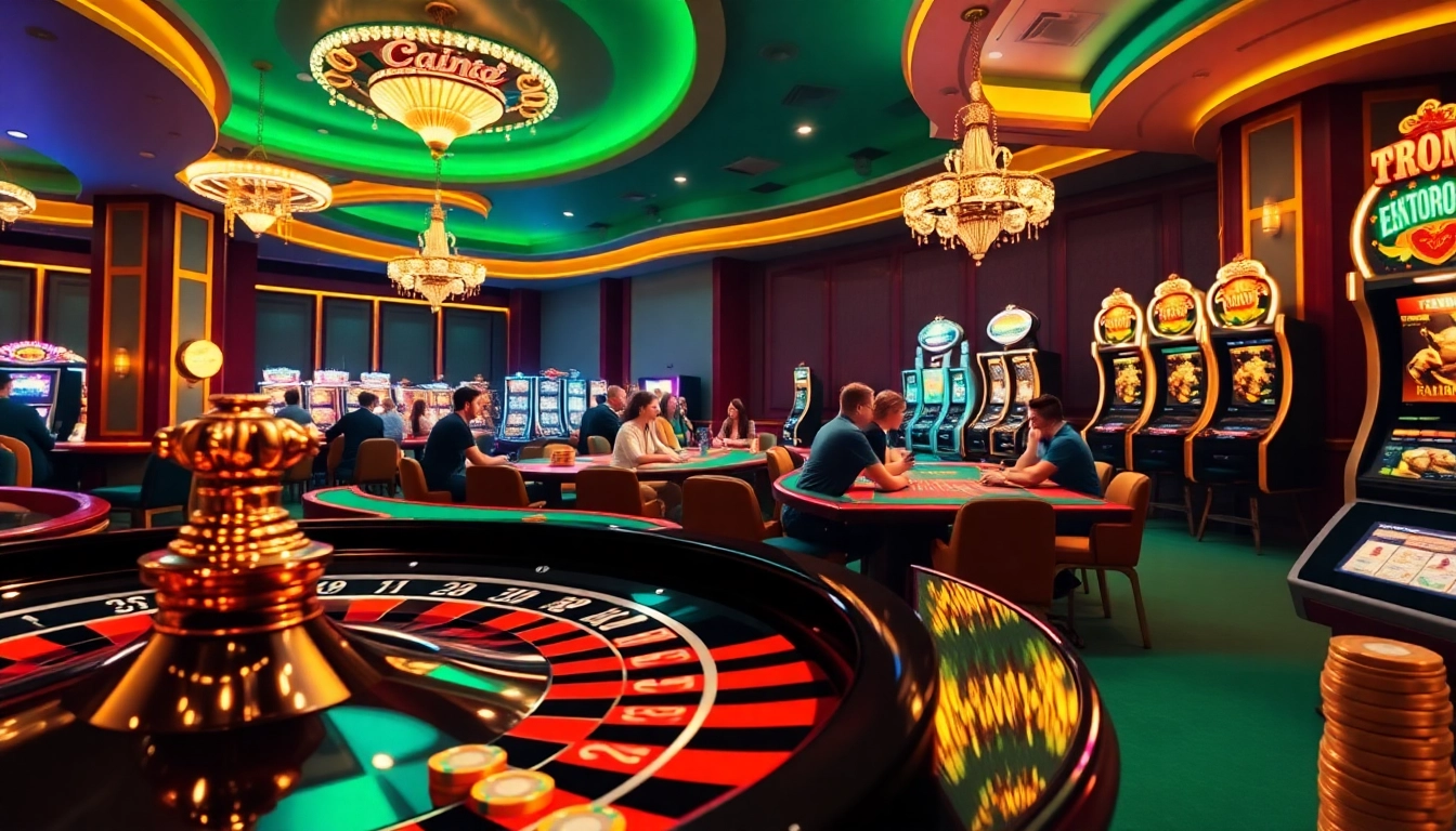 Players enjoying premium games at MM88 Casino with vibrant slot machines and roulette.