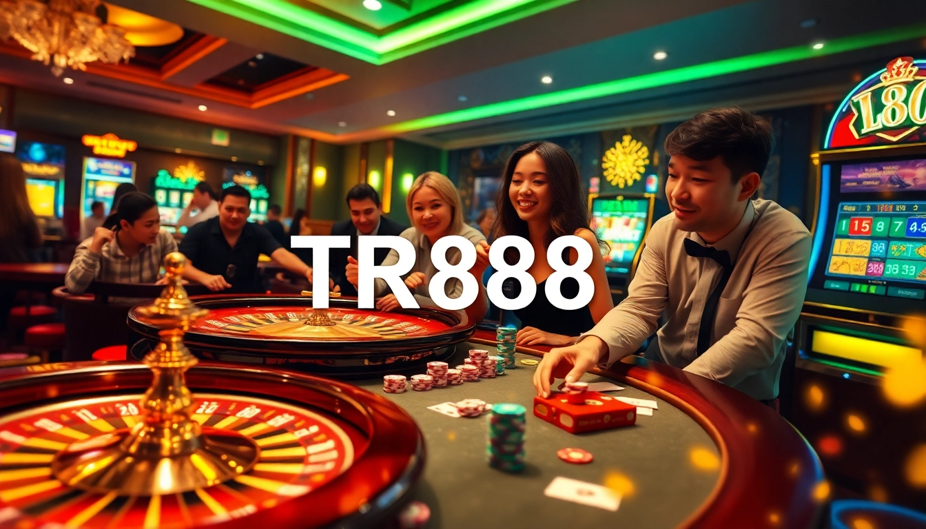Engaging players at a luxurious casino table with TR88-themed poker chips and cards.