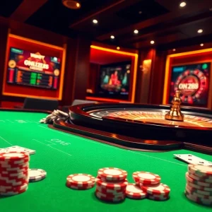 High-stakes gambling at DN 88 casino with vibrant tables, chips, and cards.