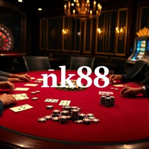 Intense poker game at a casino showcasing nk88 poker chips and cards on a luxurious table.