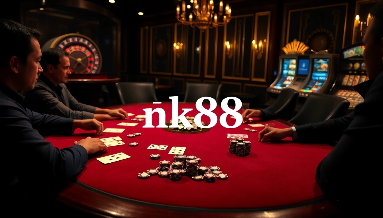 Intense poker game at a casino showcasing nk88 poker chips and cards on a luxurious table.