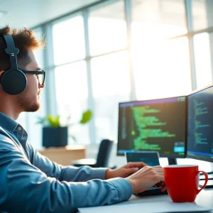 Engaging website development scene with a focused web developer in a bright office.