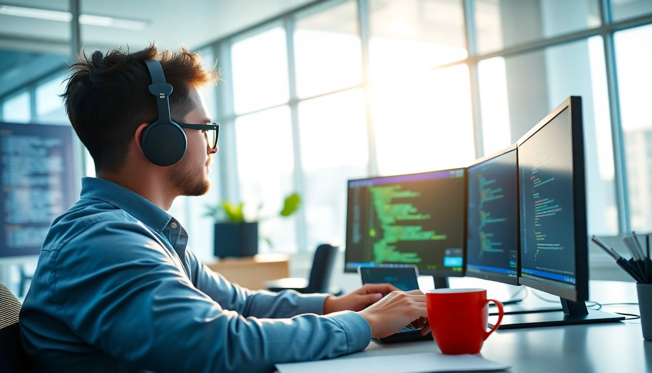 Engaging website development scene with a focused web developer in a bright office.