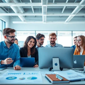 Engaging website development team collaborating creatively in a bright office space.