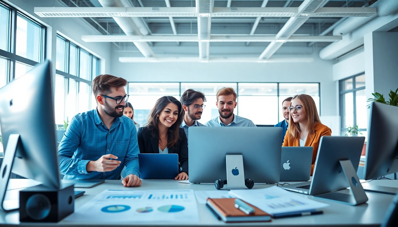 Engaging website development team collaborating creatively in a bright office space.