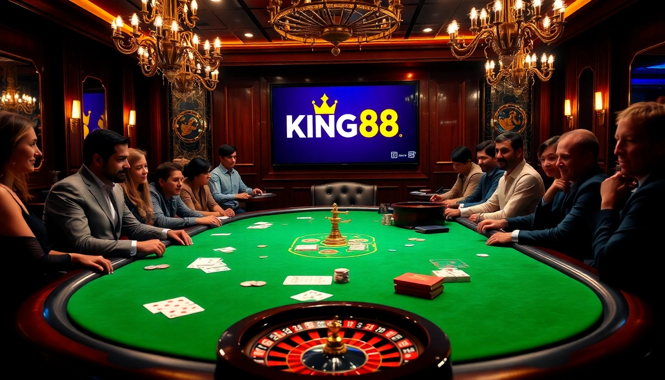 Delighted players engaging in a high-stakes poker game at a luxurious casino featuring the KING88 logo.