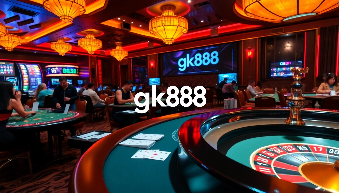Exciting casino scene featuring players at tables with gk88 poker chips, showcasing the thrill of gambling.