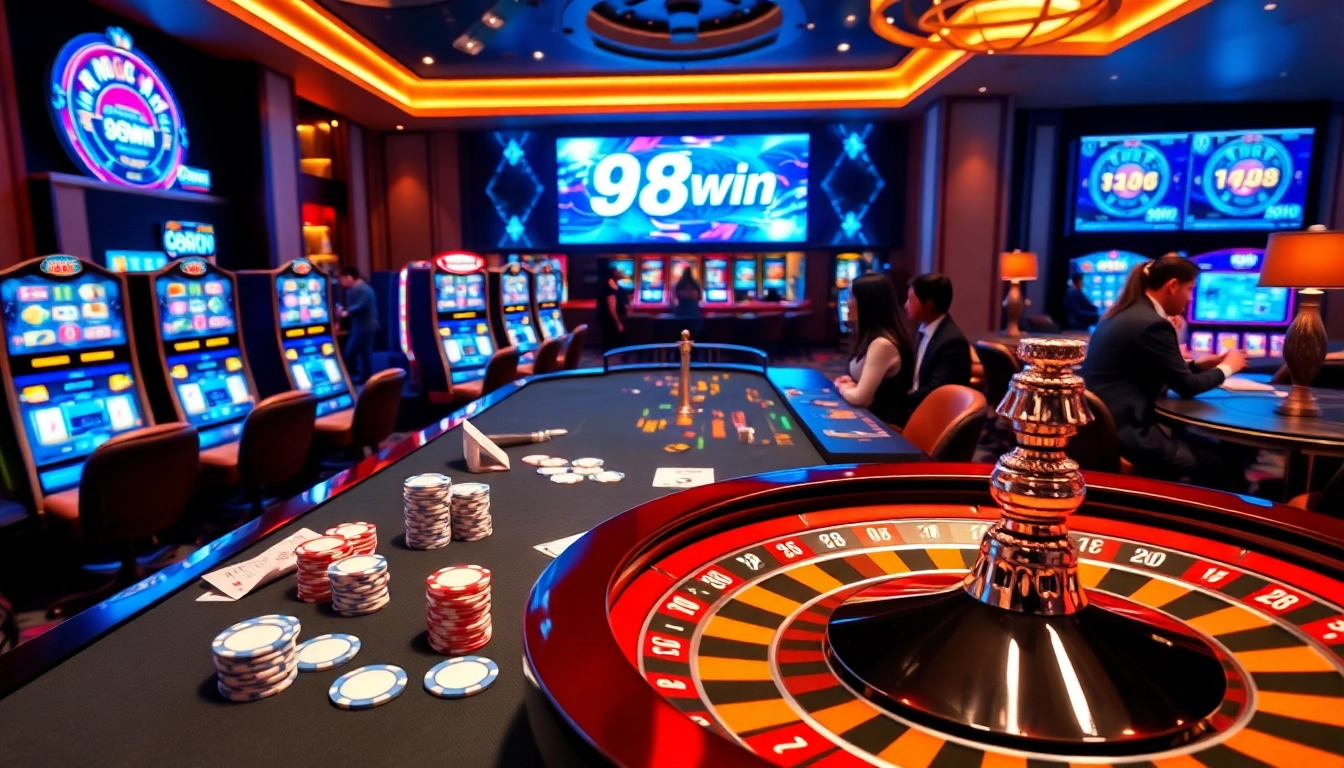 Experience the excitement of the app 98win in a luxurious casino scene with gaming tables and slot machines.