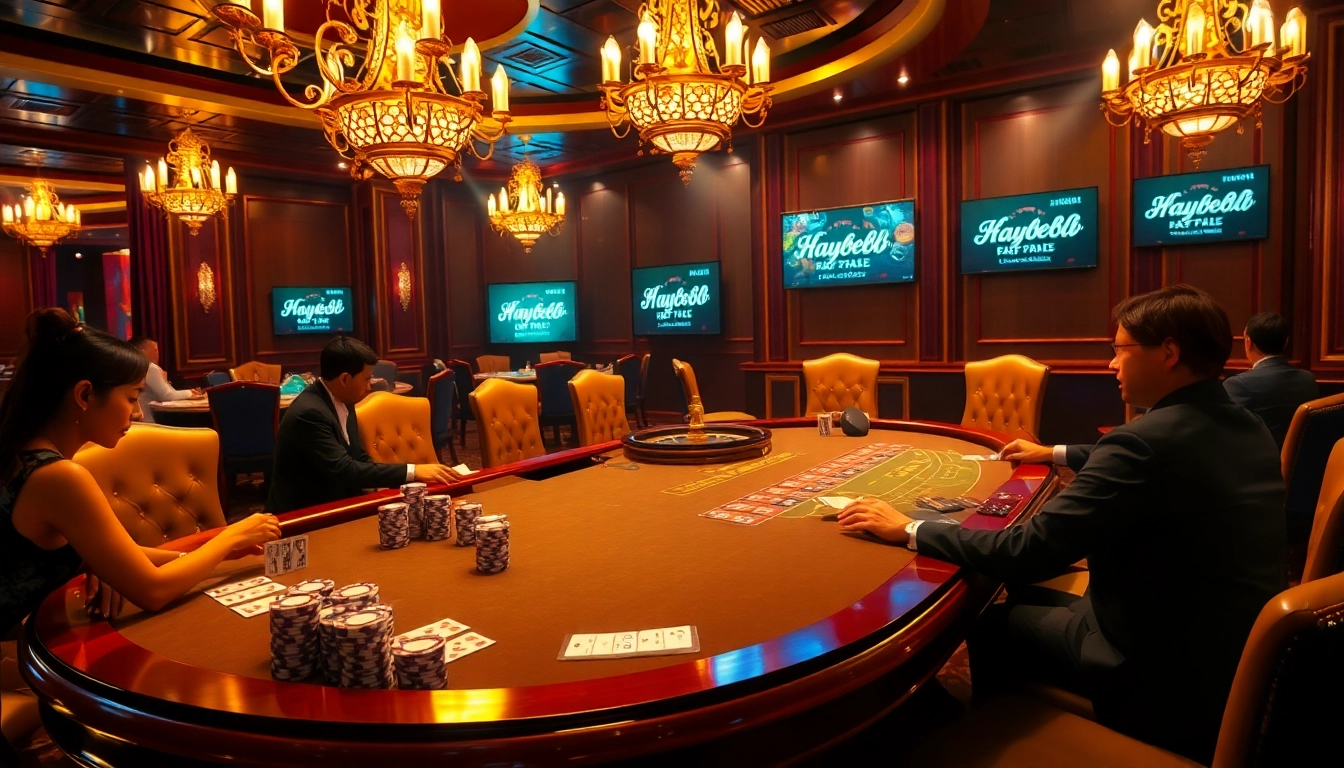 A lively casino scene at hay88.deal featuring engaging blackjack players with colorful poker chips.