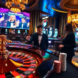 Gamblers experiencing the thrill of rr99 in a luxurious casino atmosphere.