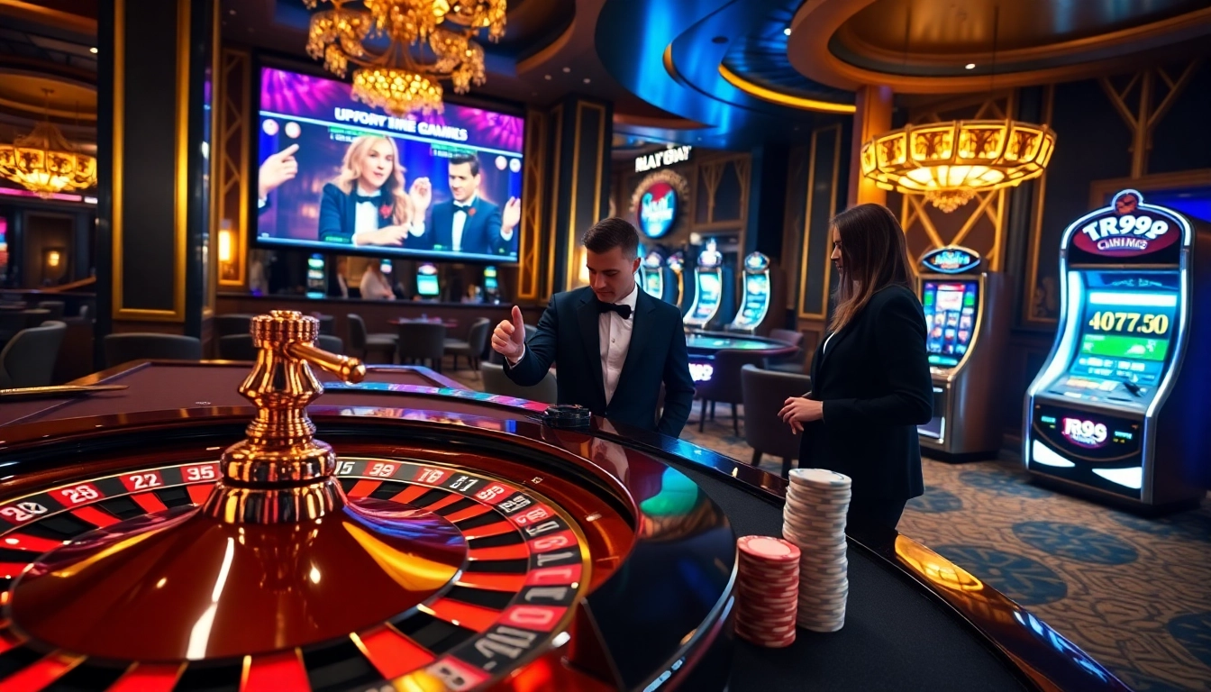 Gamblers experiencing the thrill of rr99 in a luxurious casino atmosphere.