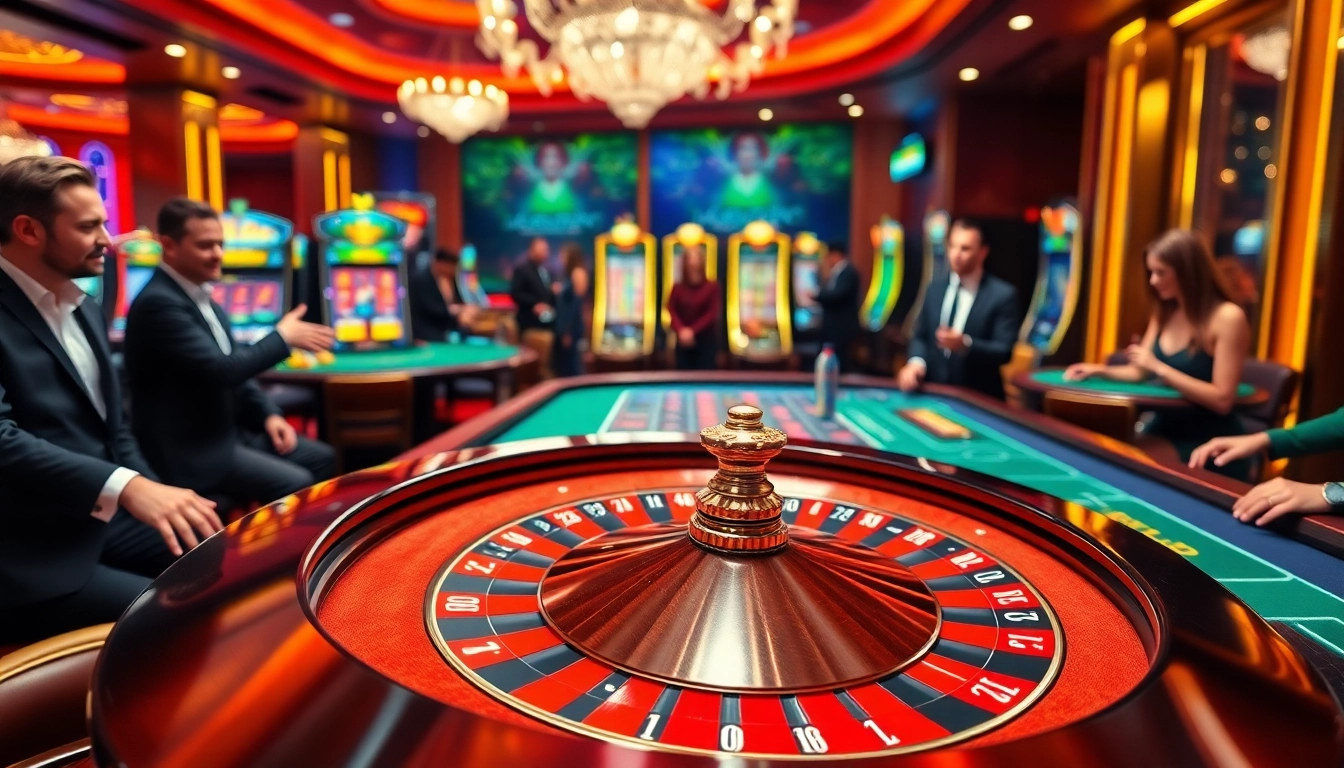 abc8 uy tín showcasing an elegant casino scene with a roulette table filled with vibrant chips.