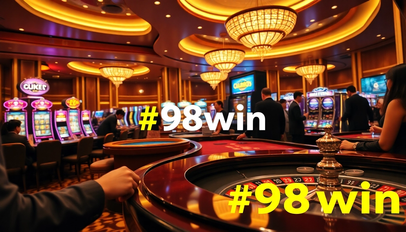 #98win players enjoying an exciting casino experience with roulette, vibrant slot machines, and poker tables.
