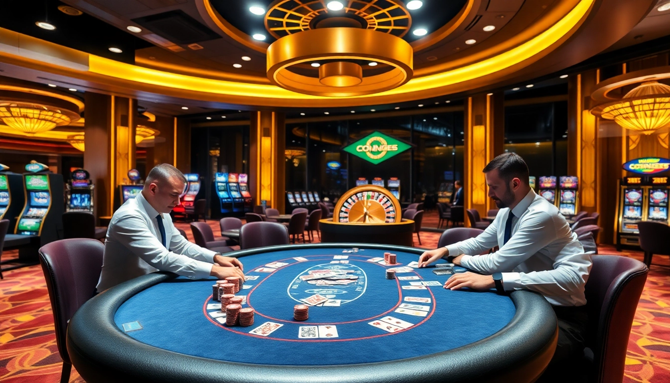 Sodo66 players engage in high-stakes poker at a vibrant casino table, reflecting luxury and excitement.