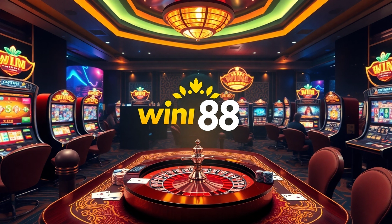 Win 88 vibrant online casino scene with players, slot machines, poker chips, and roulette wheel.