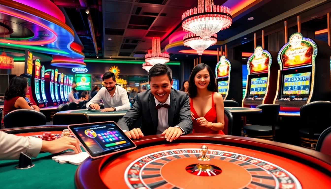 Gambler enjoying exciting gameplay at OKFUN game table with vibrant casino lights.