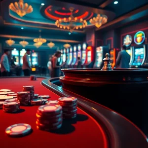 Engage in thrilling online gaming experiences at https://gamemanclub.wiki with vibrant casino visuals featuring poker tables, roulette wheels, and slot machines.