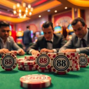 High-stakes poker action at KP 88 casino showcasing vibrant chips and intense players.