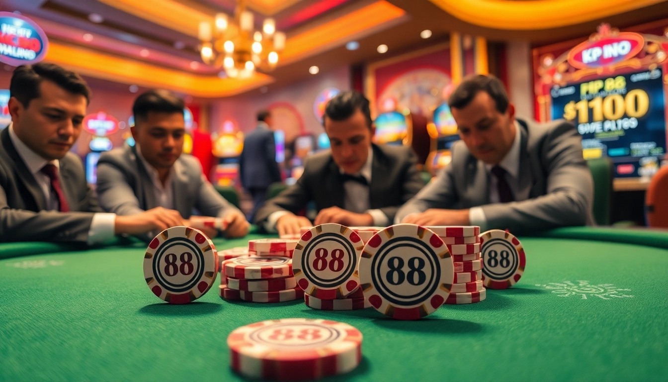 High-stakes poker action at KP 88 casino showcasing vibrant chips and intense players.