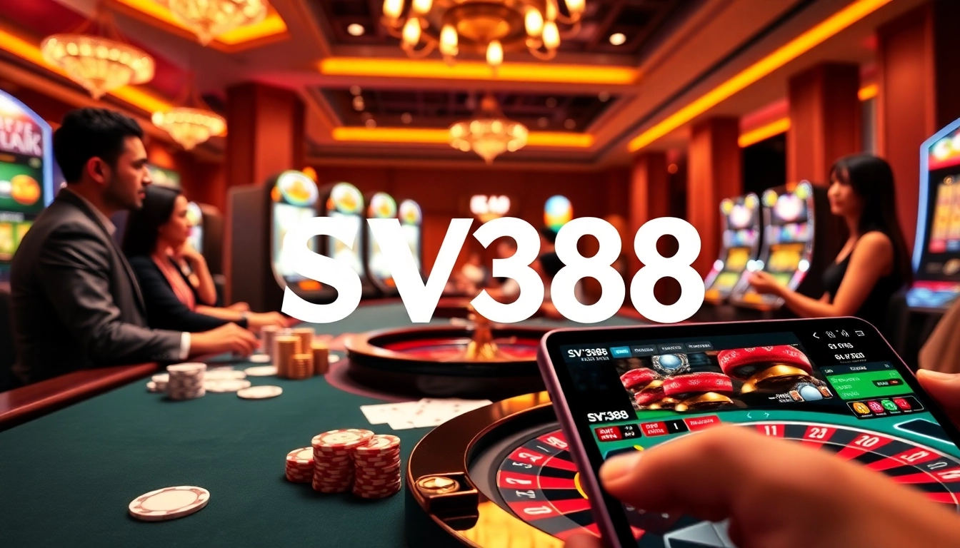Players engaging in games at SV388's luxury online casino, showcasing vibrant poker chips and cards.