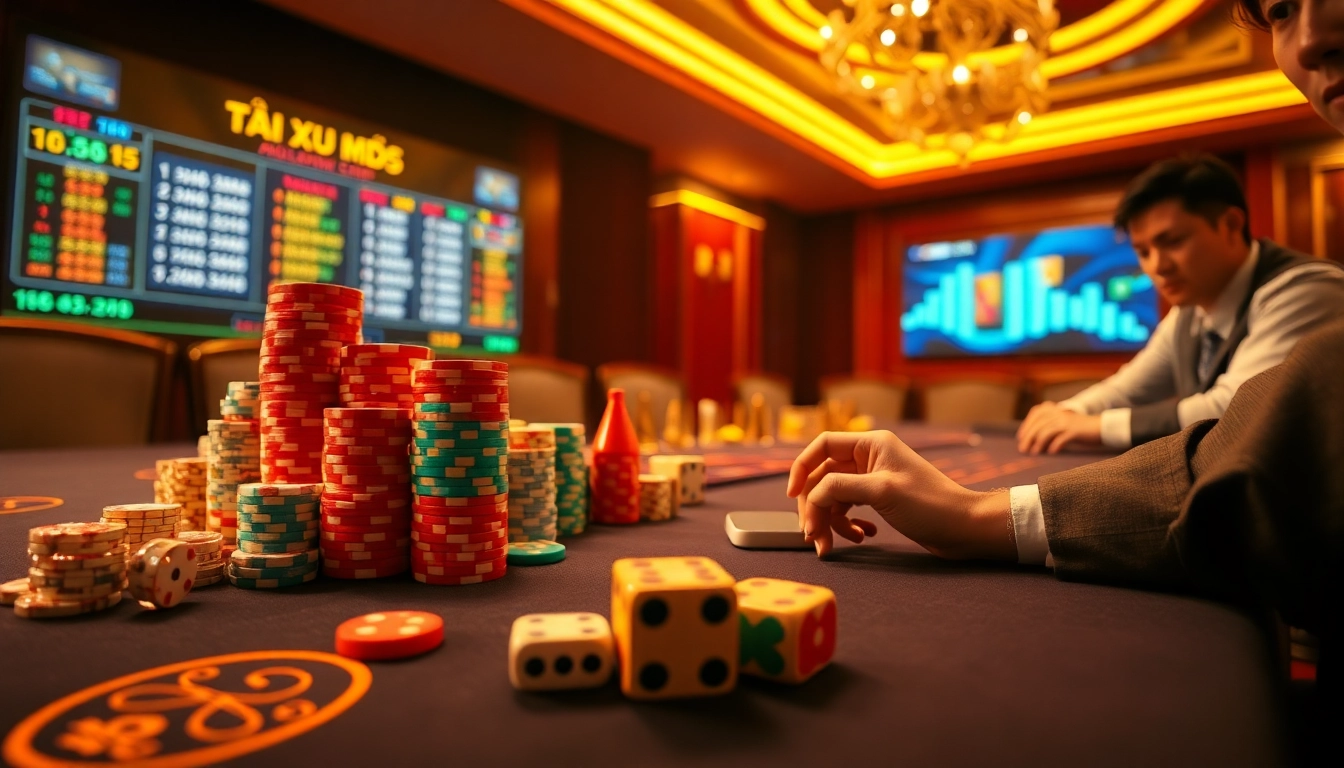 Experience Tài Xỉu MD5 at a vibrant casino table with colorful chips and dice, showcasing excitement.