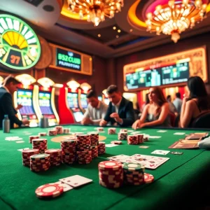 b52club players strategizing at a luxurious casino table with poker chips and cards.