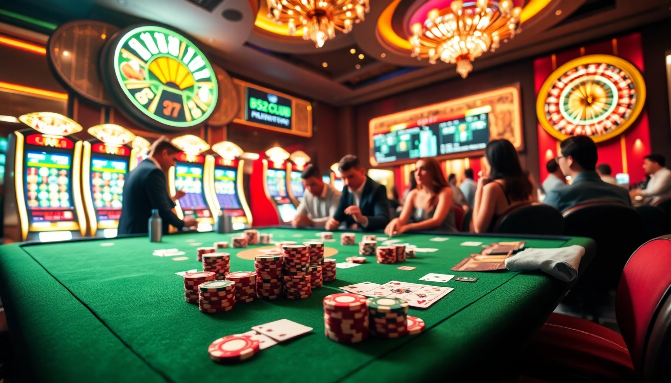 b52club players strategizing at a luxurious casino table with poker chips and cards.