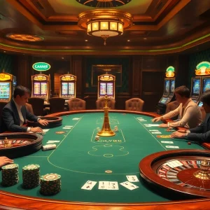 Players engage in high-stakes poker at Luck8, surrounded by luxurious casino decor and a thrilling atmosphere.