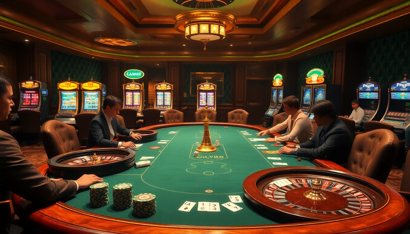 Players engage in high-stakes poker at Luck8, surrounded by luxurious casino decor and a thrilling atmosphere.