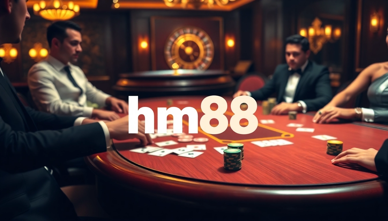 Engage in thrilling gambling action at hm88 with a luxurious casino setting featuring poker and roulette.