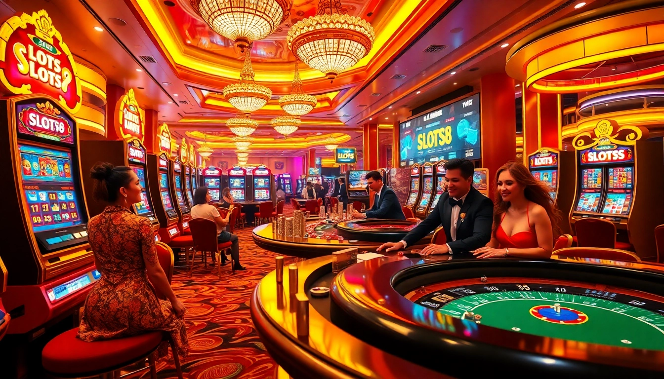 Players enjoying high-stakes games at SLOTS8 themed casino, showcasing vibrant excitement and luxury.