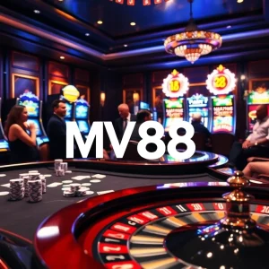 Exciting casino scene featuring MV88-themed poker table and vibrant slot machines.