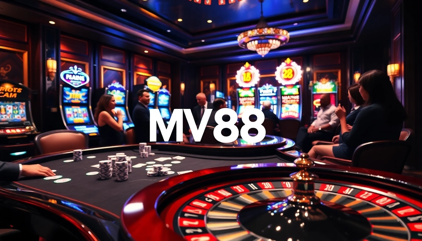 Exciting casino scene featuring MV88-themed poker table and vibrant slot machines.