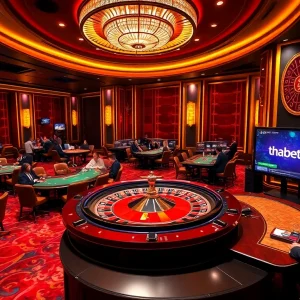Experience the thrill of gambling at thabet77 with an elegant roulette wheel and vibrant casino atmosphere.