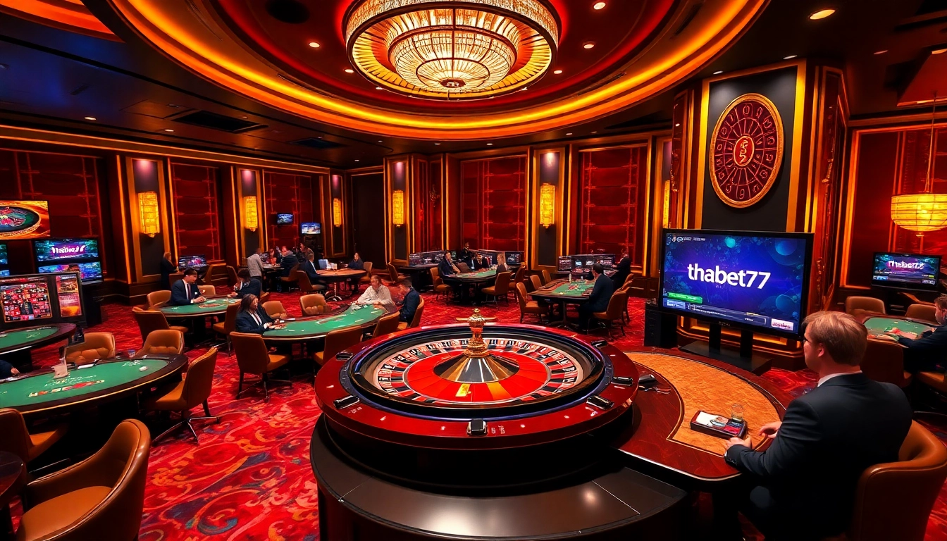 Experience the thrill of gambling at thabet77 with an elegant roulette wheel and vibrant casino atmosphere.