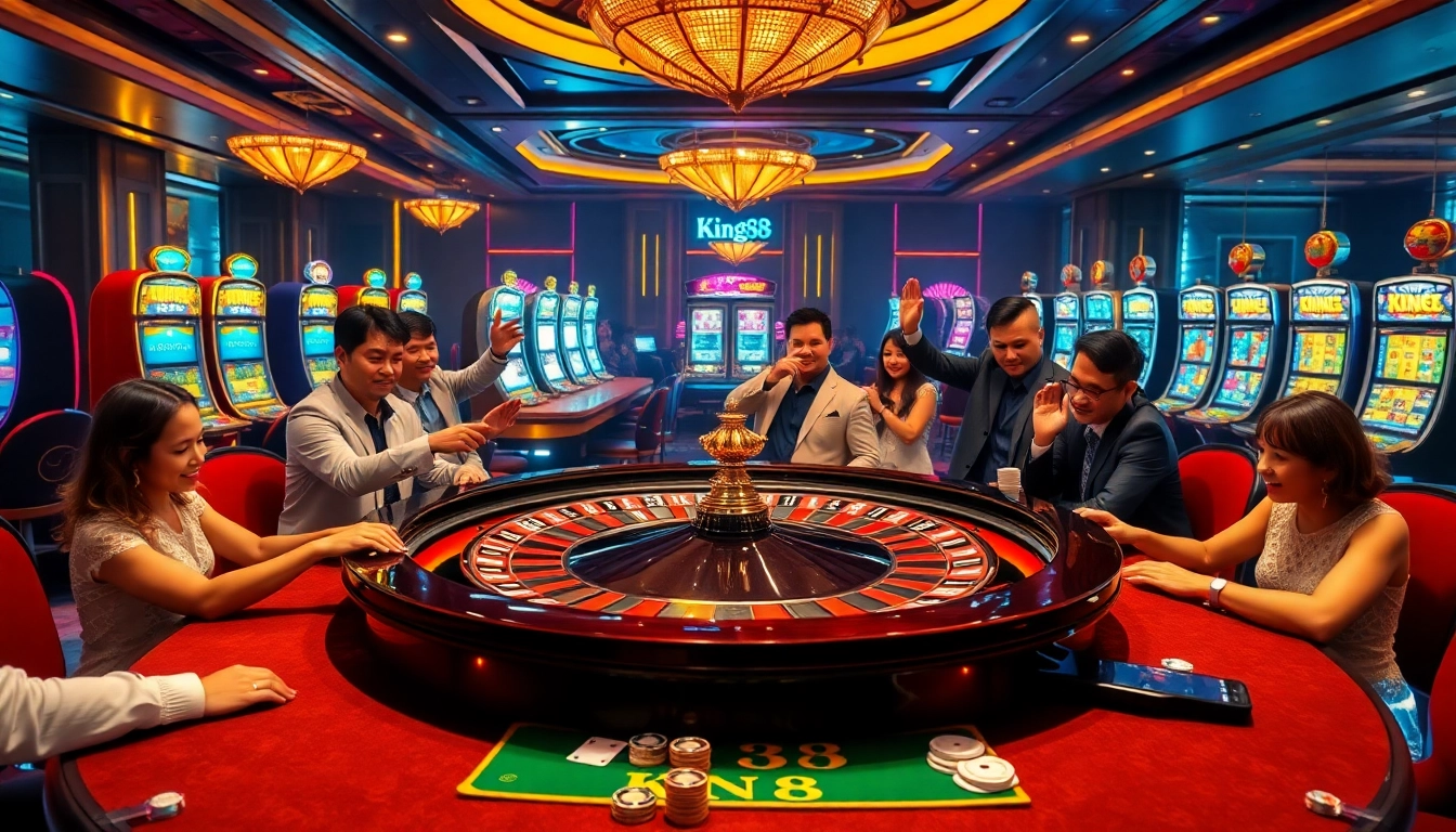 Players enjoying high-stakes gameplay at the King88 casino with vibrant roulette and slot machines.