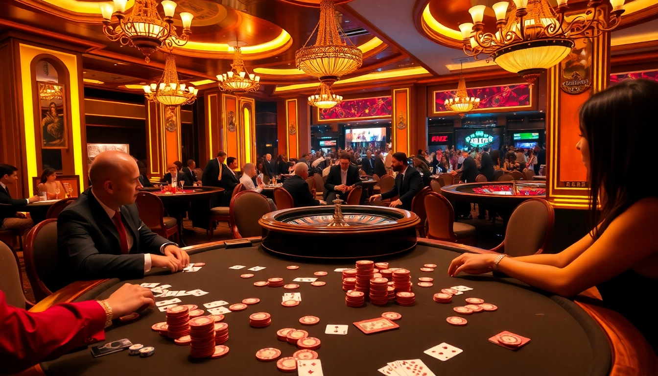 Players engaged in an intense poker game at lc88 casino surrounded by vibrant lights.