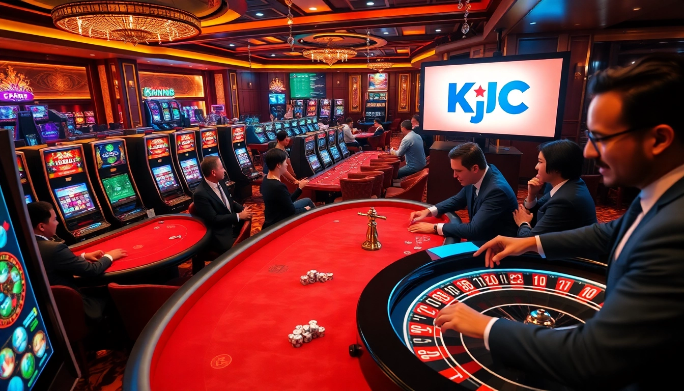 Experience the excitement of KJC’s gaming activities with players enjoying high-stakes games in a luxurious casino setting.