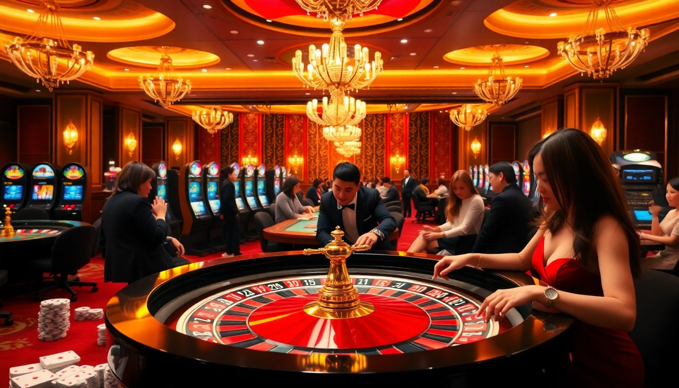 Engaging casino scene featuring rikvip game bài đổi thưởng at a vibrant roulette table.