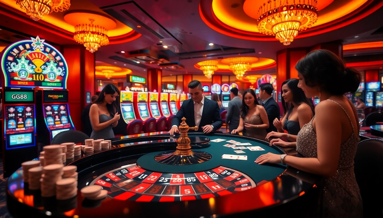 Experience thrilling gameplay at GG88 with luxurious casino tables and engaging gamblers.