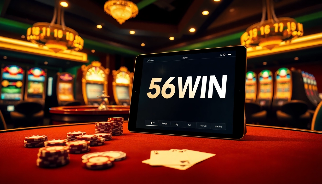 Experience the thrill of winnings at 56WIN casino with poker chips and a roulette wheel.